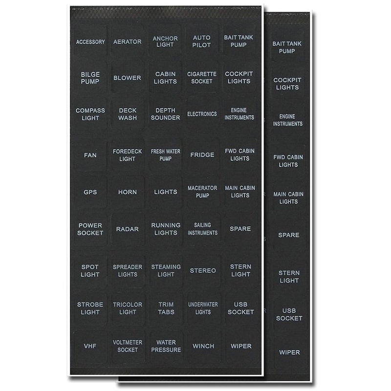 BUNKER INDUST Set of 2 Decal Sticker Label Sheet for Caravan Marine Boat Dash Board Instrument Rocker Switch Circuit Panel GPS Horn Light,Black(45 Pcs Each) - Image 1